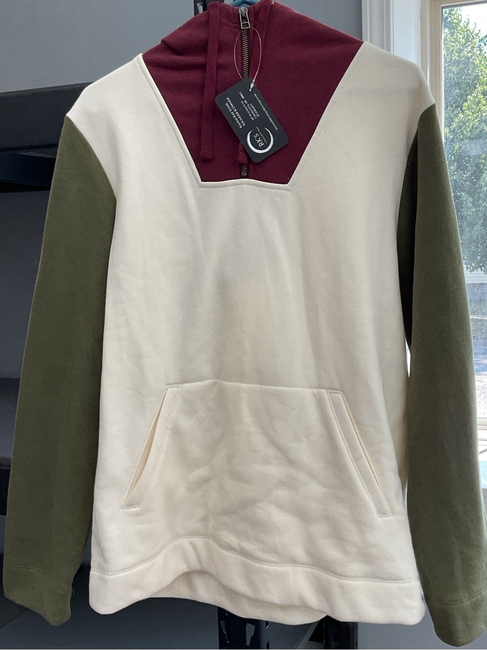 L.L. Bean Signature Cream Pullover Hoodie with Olive Sleeves and Burgundy Hood